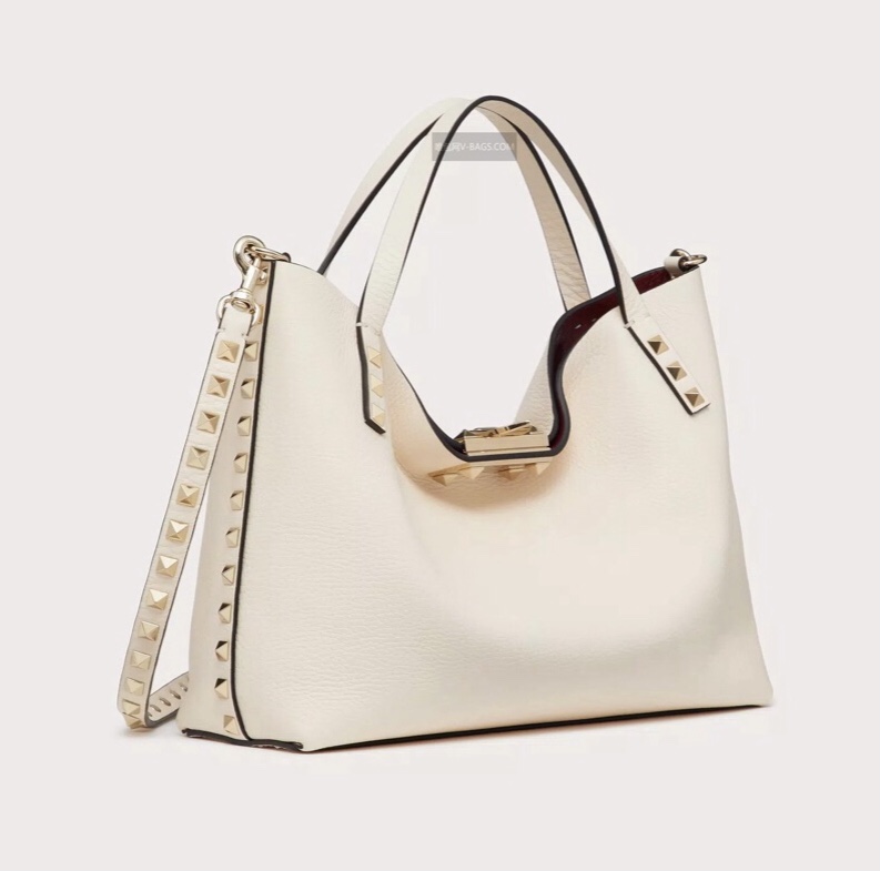 Valentino Garavani Rockstud Tote Bag in Ivory Grainy Calfskin